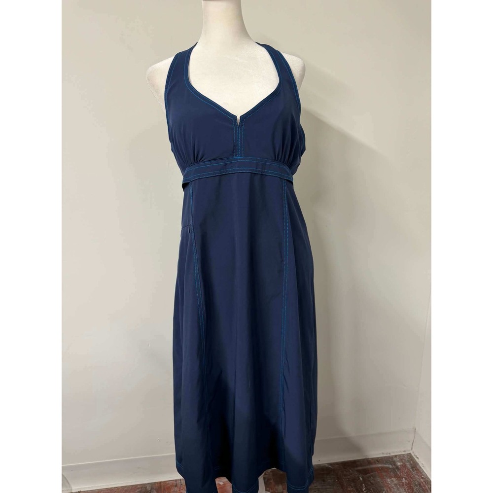 Athleta Womens 14 Navy Blue Dress Halter Midi Contrast Stitch Pockets